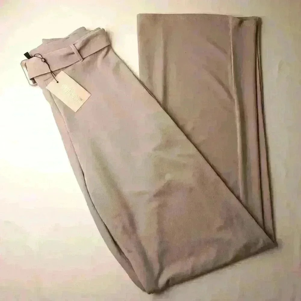 Missguided Womens Belted High Waist Wide Leg Crepe Trousers Size 8 Taupe Office